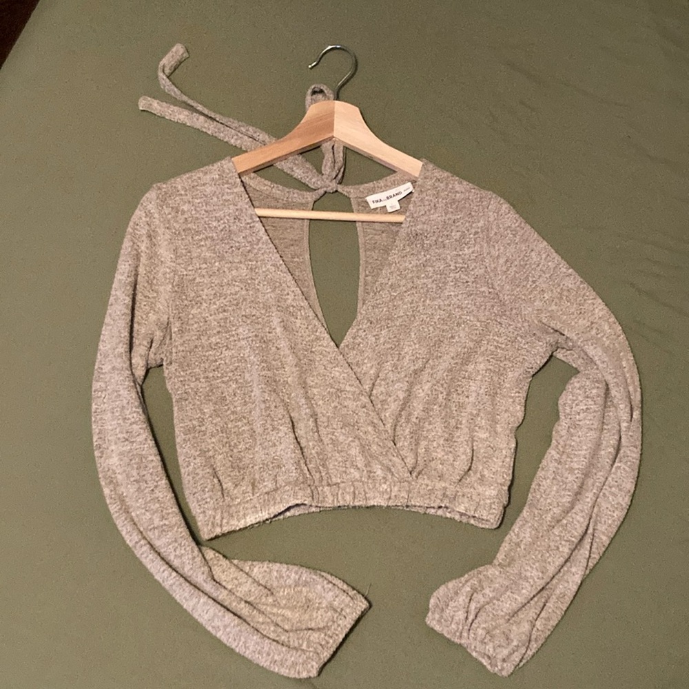 Fika the Brand Gray Marled‎ Knit Long Sleeve Crop Top Back Tie Surplice M